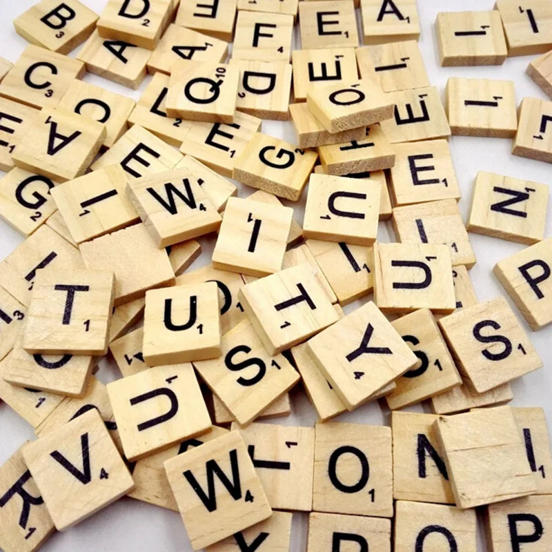 100Pcs Wood Tiles with Black Letter Alphabet